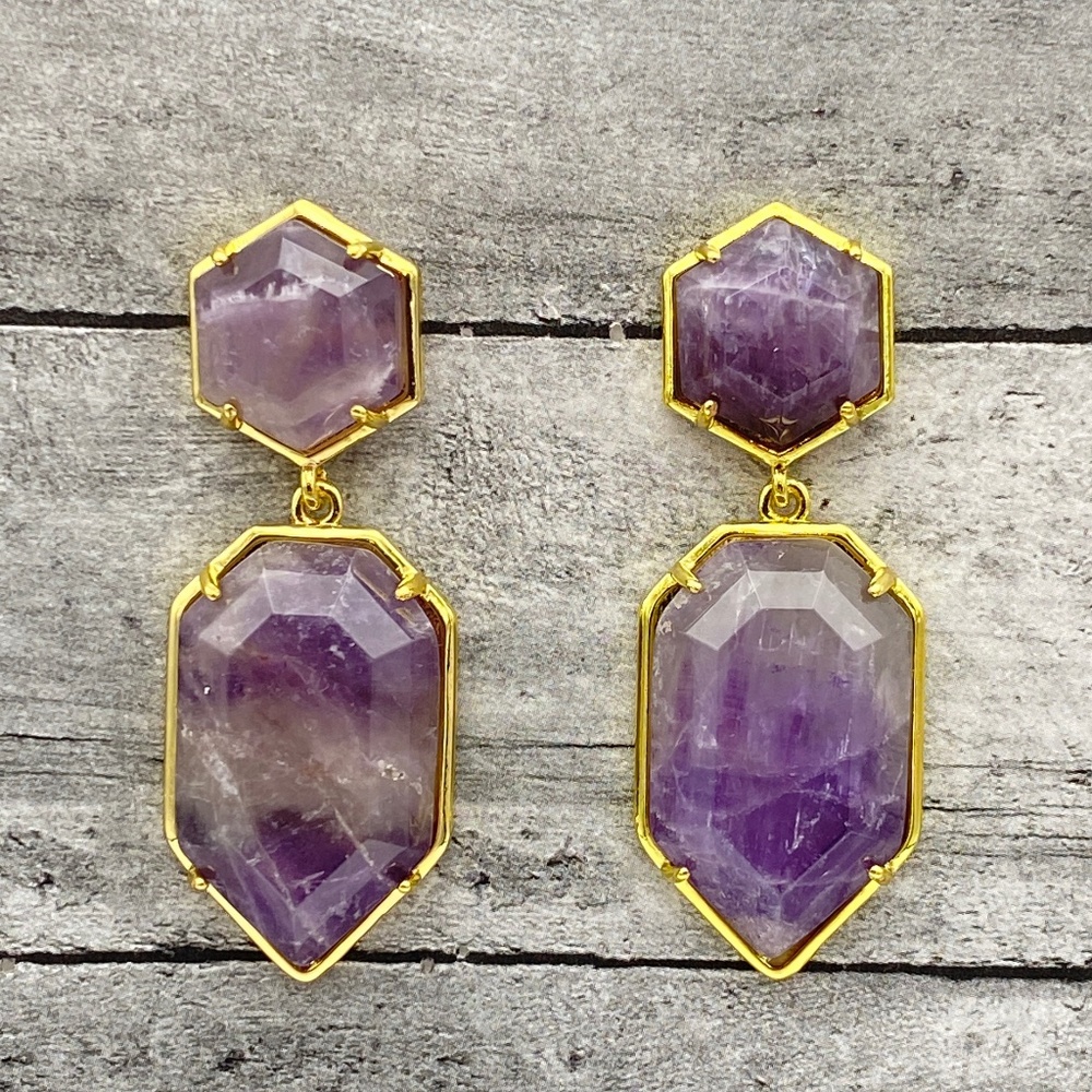 Amethyst Gemstone Gold-toned Dangle Earrings, Bohemian Style Jewelry